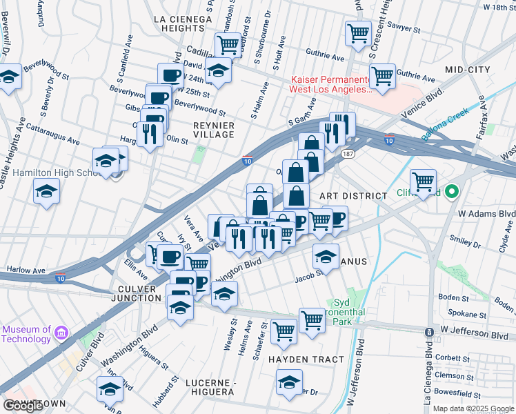 map of restaurants, bars, coffee shops, grocery stores, and more near 2869 South Corning Street in Los Angeles