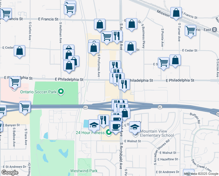 map of restaurants, bars, coffee shops, grocery stores, and more near 2260 South Archibald Avenue in Ontario