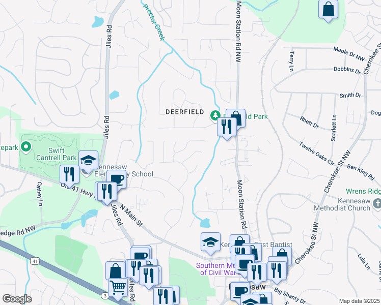 map of restaurants, bars, coffee shops, grocery stores, and more near 1080 Rackley Way in Kennesaw