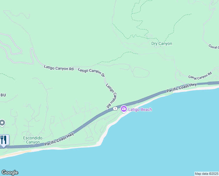 map of restaurants, bars, coffee shops, grocery stores, and more near 6301 Latigo Canyon Road in Malibu