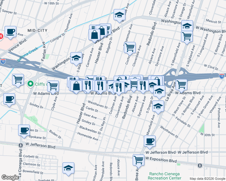 map of restaurants, bars, coffee shops, grocery stores, and more near 2524 South Dunsmuir Avenue in Los Angeles