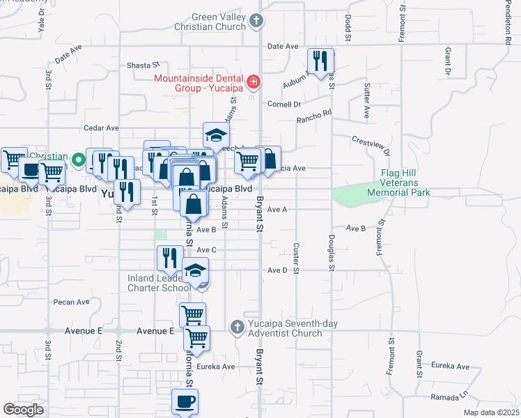 map of restaurants, bars, coffee shops, grocery stores, and more near Bryant St & Ave A in Yucaipa