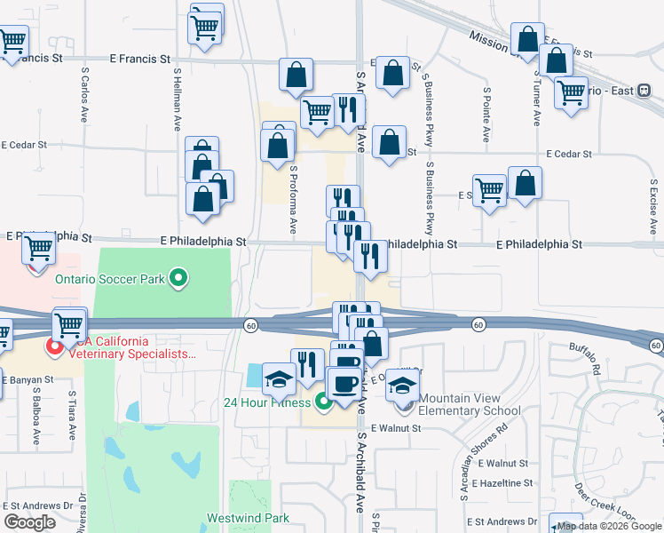 map of restaurants, bars, coffee shops, grocery stores, and more near 2260 South Archibald Avenue in Ontario