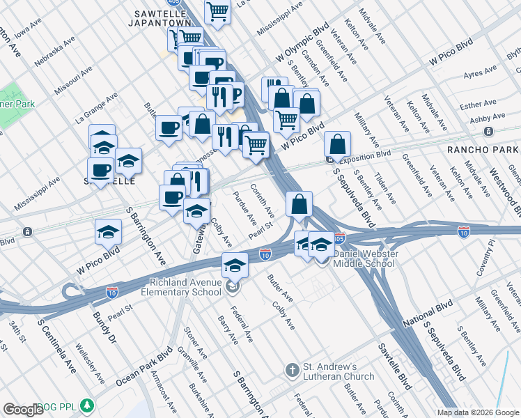 map of restaurants, bars, coffee shops, grocery stores, and more near 2475 Corinth Avenue in Los Angeles