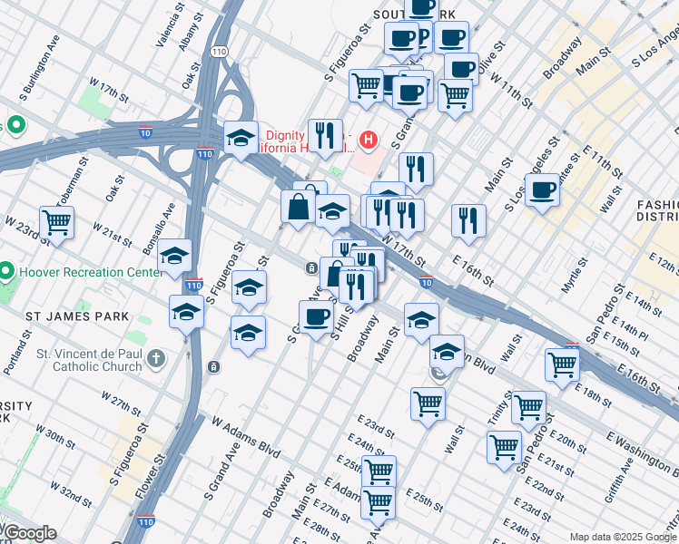 map of restaurants, bars, coffee shops, grocery stores, and more near 1820 South Grand Avenue in Los Angeles