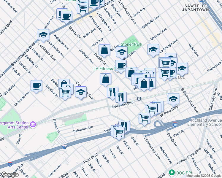 map of restaurants, bars, coffee shops, grocery stores, and more near 12233 West Olympic Boulevard in Los Angeles