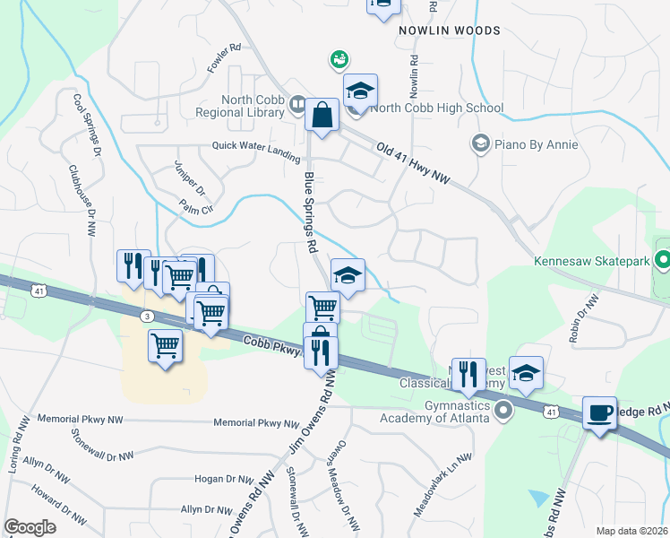 map of restaurants, bars, coffee shops, grocery stores, and more near Vernon Commons in Kennesaw