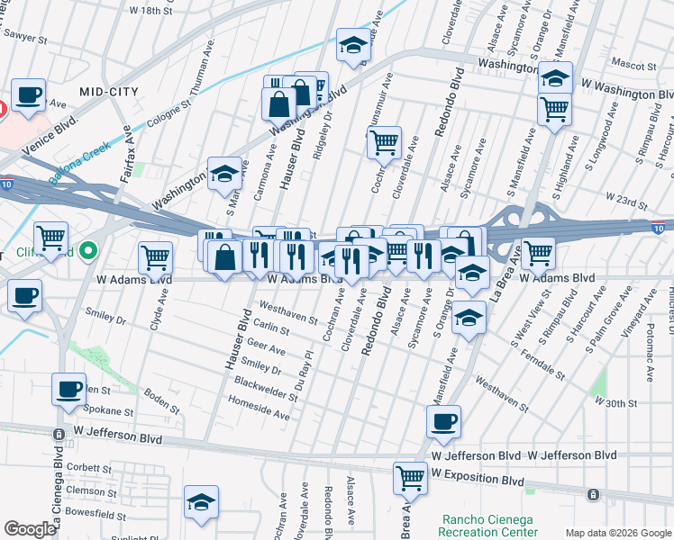 map of restaurants, bars, coffee shops, grocery stores, and more near 5335 West Adams Boulevard in Los Angeles