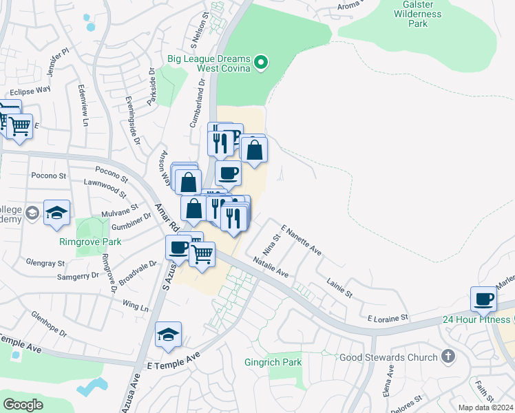 map of restaurants, bars, coffee shops, grocery stores, and more near 2403 Nikki Court in West Covina