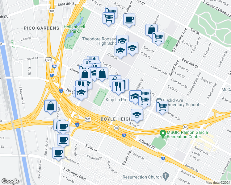 map of restaurants, bars, coffee shops, grocery stores, and more near 2662 El Camino Real in Los Angeles