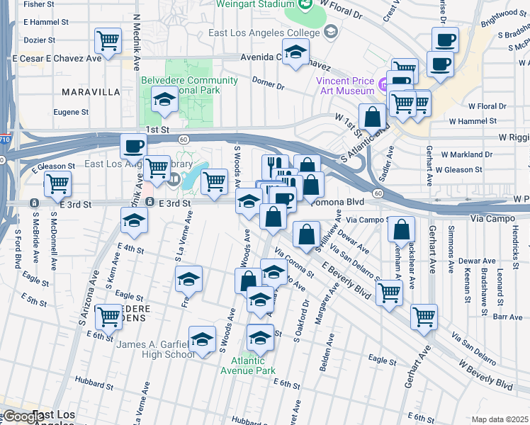 map of restaurants, bars, coffee shops, grocery stores, and more near 5169 Pomona Boulevard in East Los Angeles