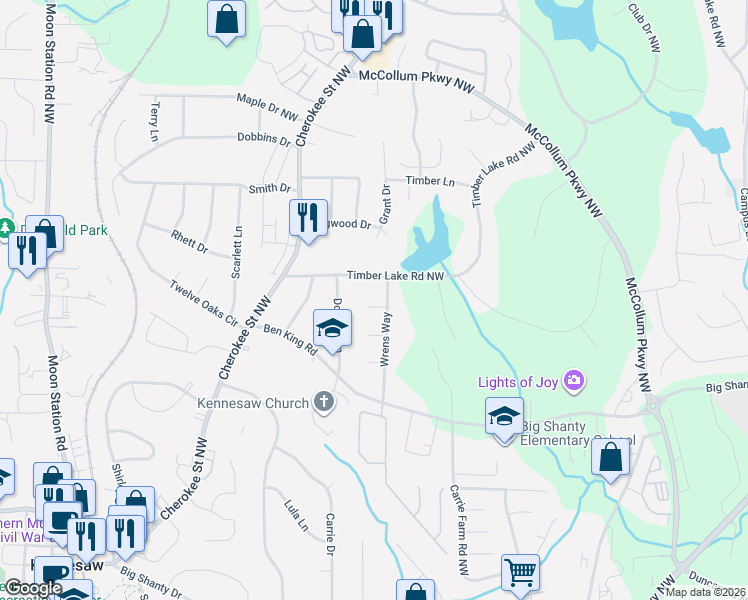 map of restaurants, bars, coffee shops, grocery stores, and more near 1793 Timberlake Road Northwest in Kennesaw