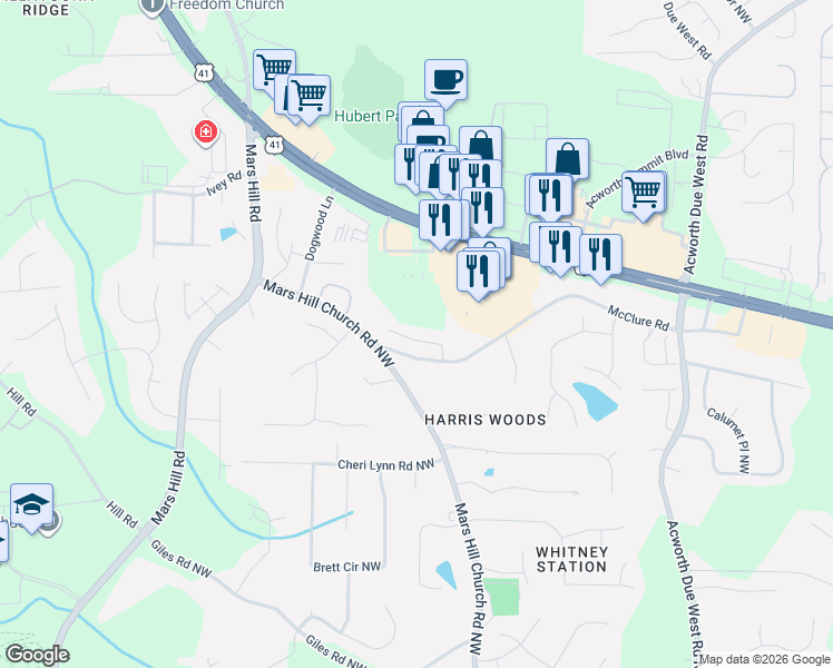 map of restaurants, bars, coffee shops, grocery stores, and more near 4526 Amysaye Walk Northwest in Acworth
