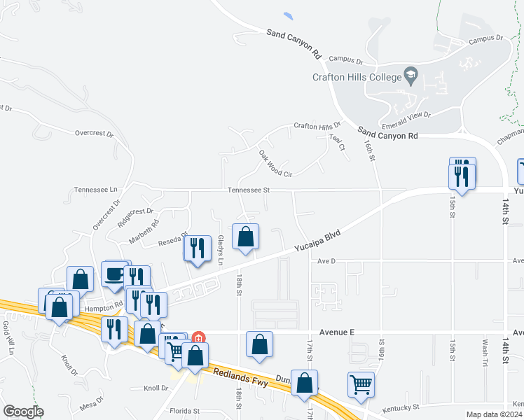 map of restaurants, bars, coffee shops, grocery stores, and more near 31812 Hutto Lane in Yucaipa