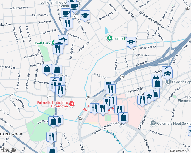 map of restaurants, bars, coffee shops, grocery stores, and more near 3612 Medical Drive in Columbia