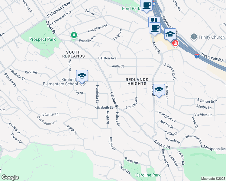 map of restaurants, bars, coffee shops, grocery stores, and more near 1525 Garden Street in Redlands