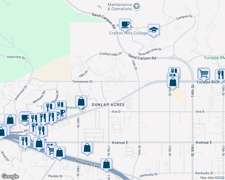 map of restaurants, bars, coffee shops, grocery stores, and more near 31976 Linda Ladera Street in Yucaipa