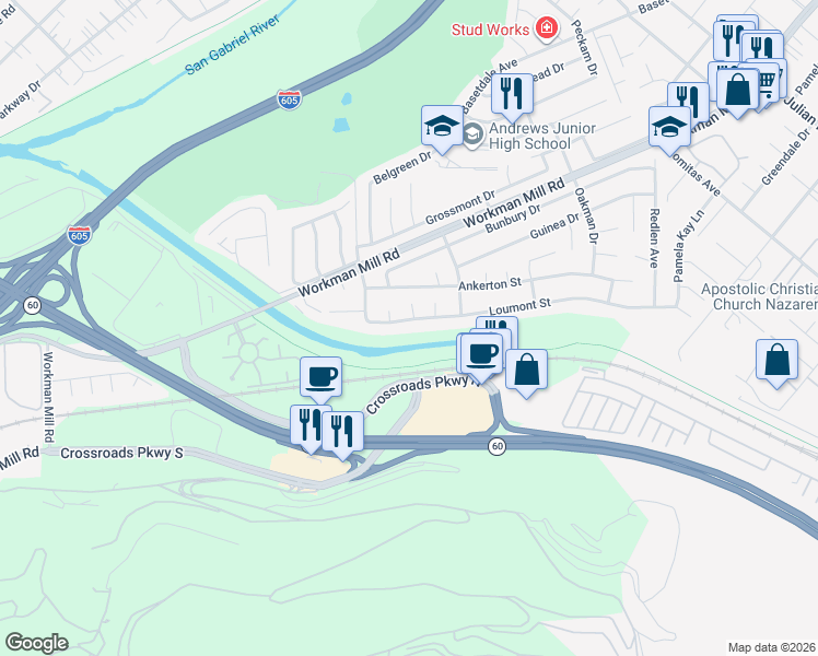 map of restaurants, bars, coffee shops, grocery stores, and more near 1411 Garin Avenue in Whittier