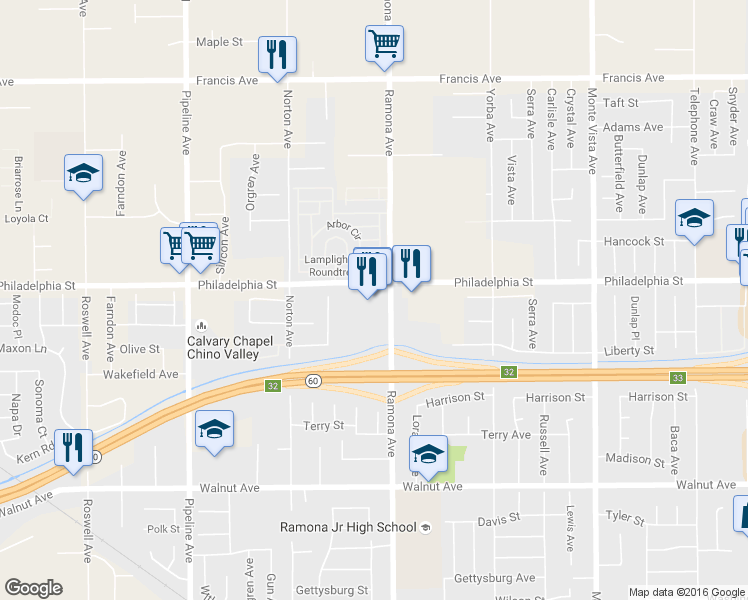 map of restaurants, bars, coffee shops, grocery stores, and more near 12150 Ramona Avenue in Chino