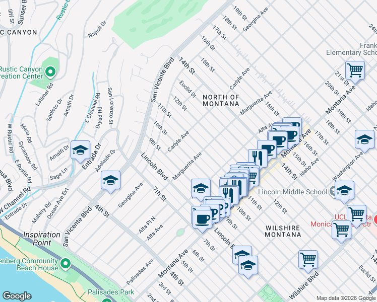 map of restaurants, bars, coffee shops, grocery stores, and more near 435 10th Street in Santa Monica