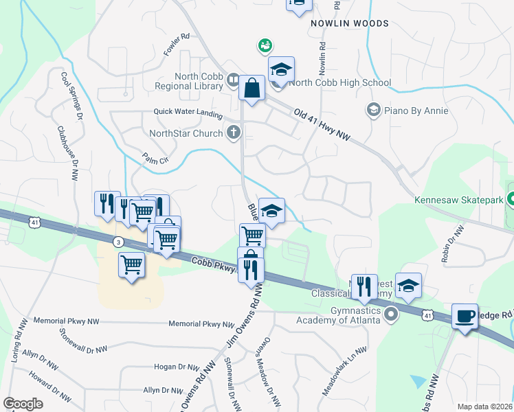 map of restaurants, bars, coffee shops, grocery stores, and more near 3359 Vernon Commons in Kennesaw