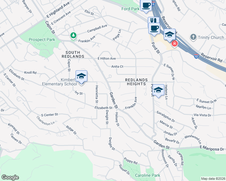 map of restaurants, bars, coffee shops, grocery stores, and more near 1525 Garden Street in Redlands