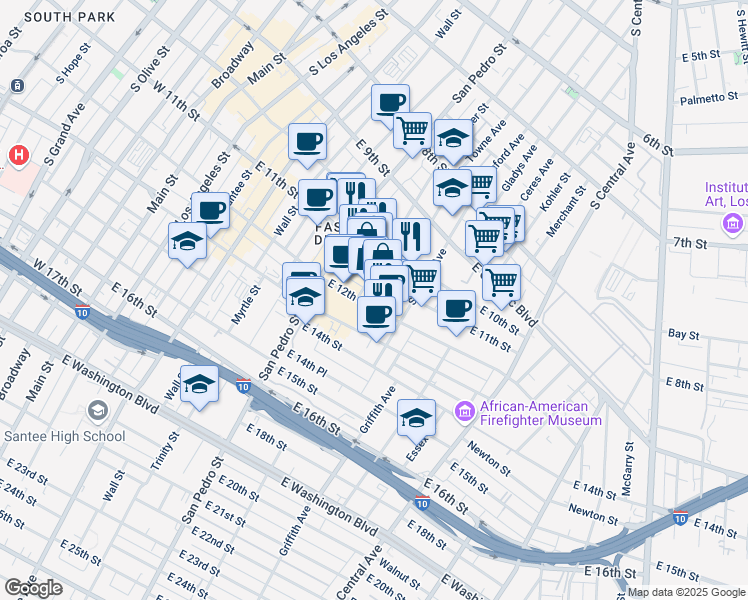 map of restaurants, bars, coffee shops, grocery stores, and more near 1118 Crocker Street in Los Angeles