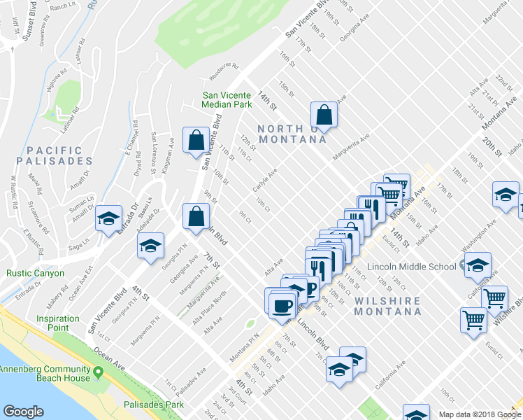 map of restaurants, bars, coffee shops, grocery stores, and more near 435 10th Street in Santa Monica
