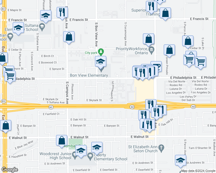 map of restaurants, bars, coffee shops, grocery stores, and more near 943 East Monticello Court in Ontario