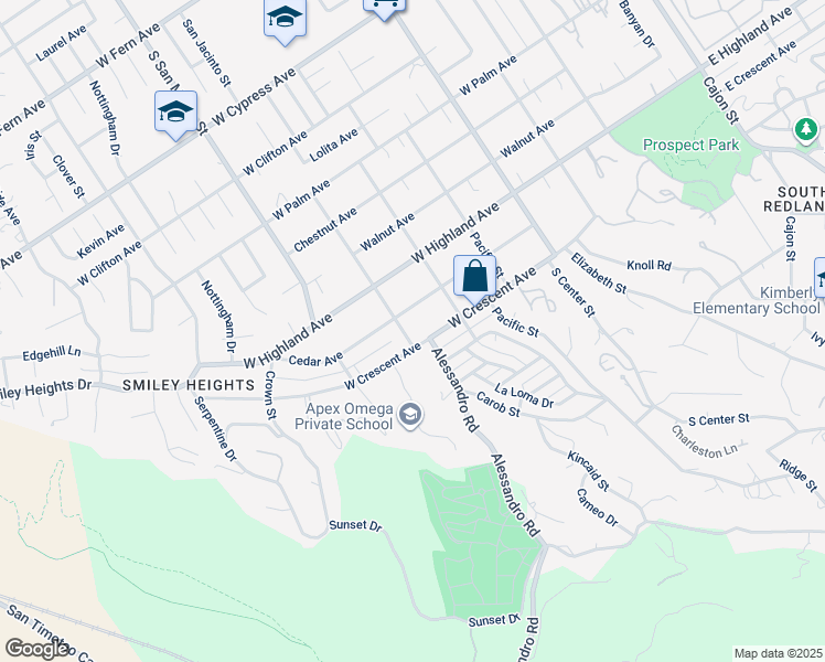map of restaurants, bars, coffee shops, grocery stores, and more near 1221 San Jacinto Street in Redlands