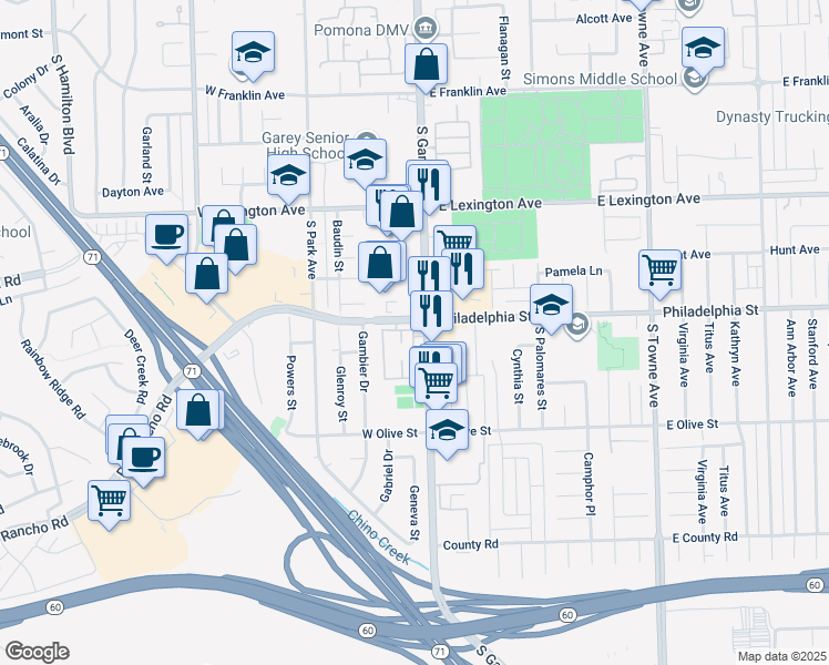 map of restaurants, bars, coffee shops, grocery stores, and more near 2163 Yukon in Pomona