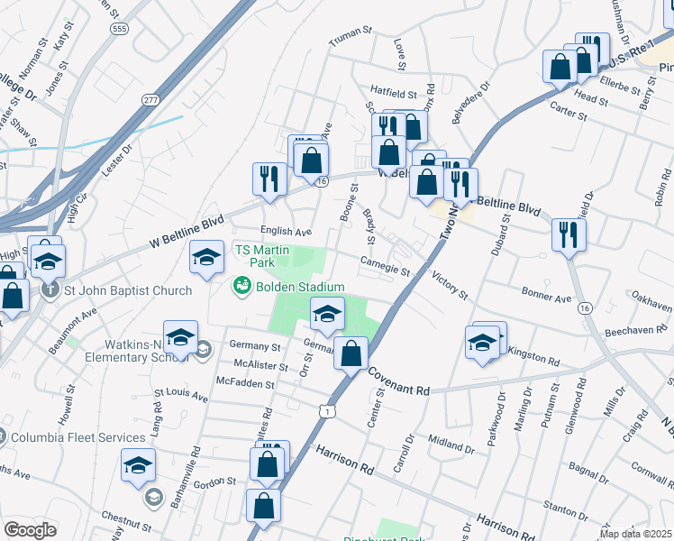 map of restaurants, bars, coffee shops, grocery stores, and more near 1737 Carnegie Street in Columbia