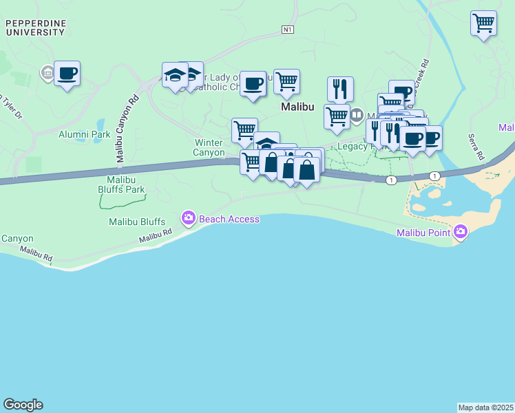 map of restaurants, bars, coffee shops, grocery stores, and more near 23834 Malibu Road in Malibu