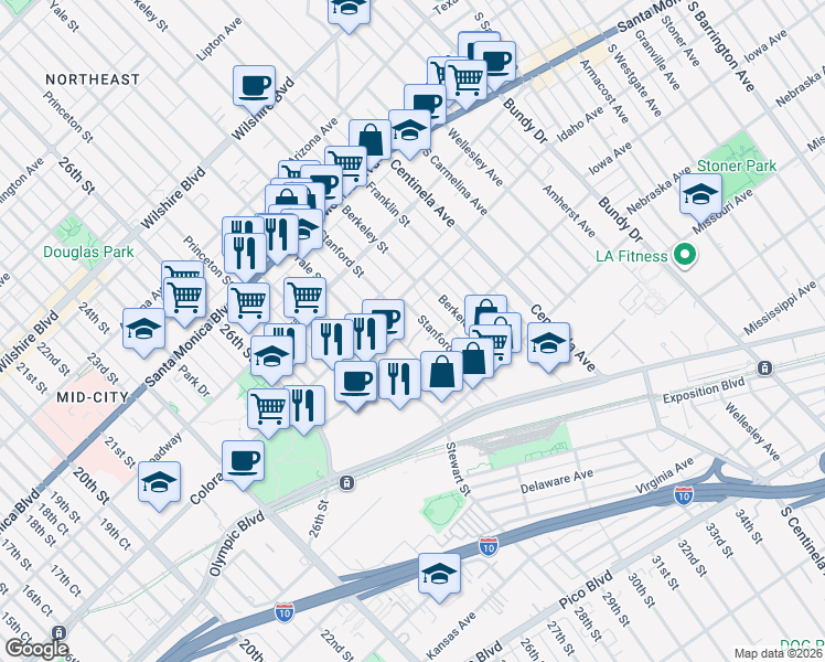 map of restaurants, bars, coffee shops, grocery stores, and more near 2929 Pennsylvania Avenue in Santa Monica