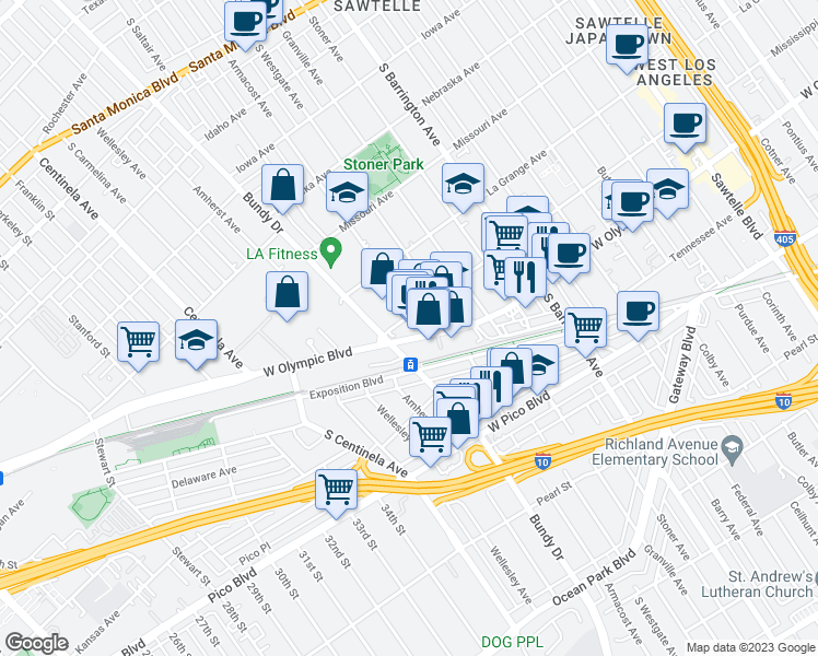 map of restaurants, bars, coffee shops, grocery stores, and more near 11913 West Olympic Boulevard in Los Angeles