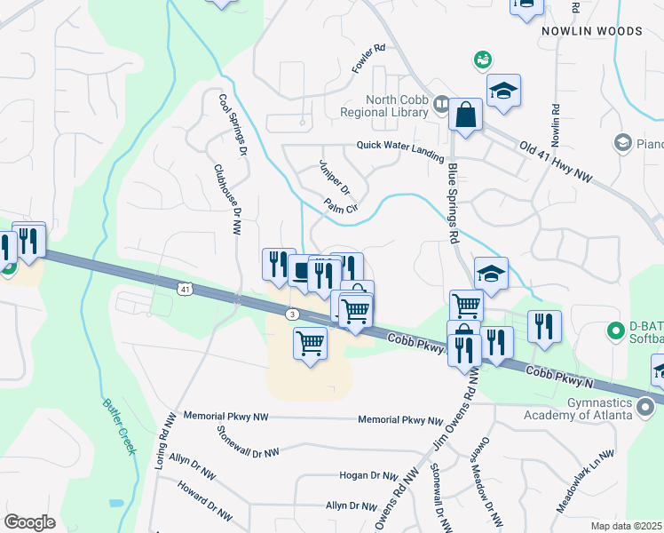 map of restaurants, bars, coffee shops, grocery stores, and more near 3110 Creekside Village Drive Northwest in Kennesaw