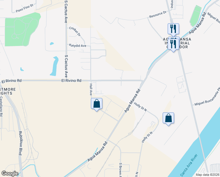 map of restaurants, bars, coffee shops, grocery stores, and more near 5248 El Rivino Road in Riverside