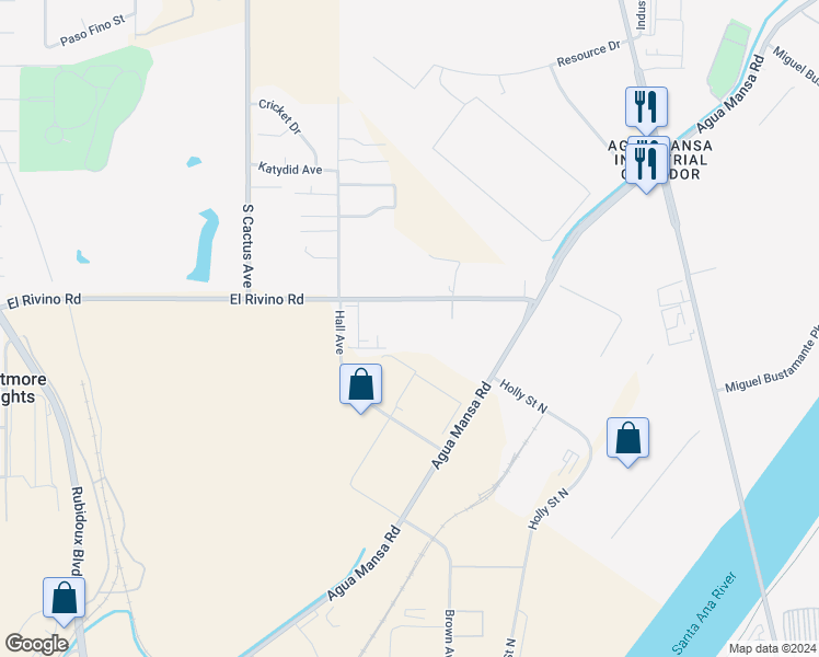 map of restaurants, bars, coffee shops, grocery stores, and more near 5258 El Rivino Road in Riverside