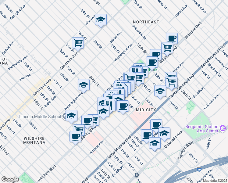 map of restaurants, bars, coffee shops, grocery stores, and more near in Santa Monica