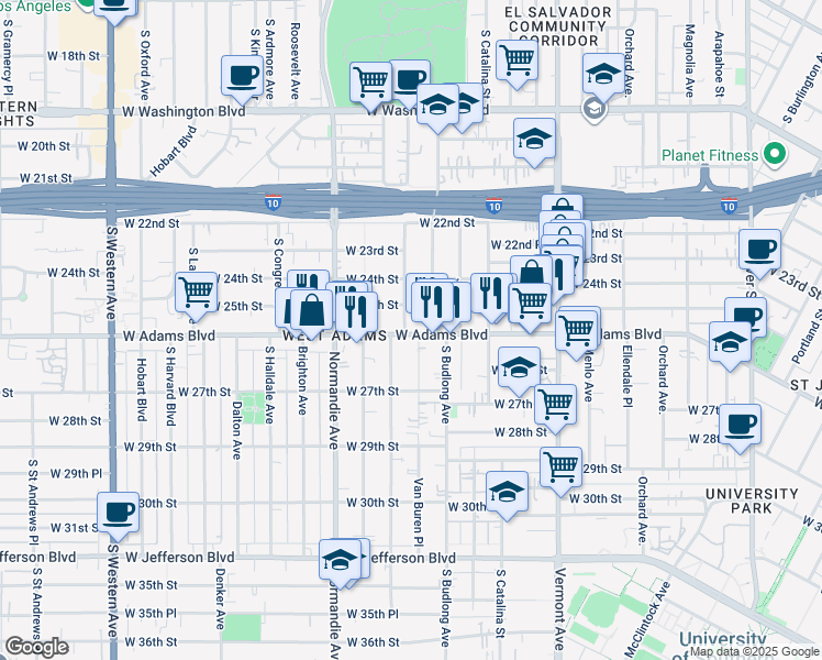 map of restaurants, bars, coffee shops, grocery stores, and more near 1591 West Adams Boulevard in Los Angeles
