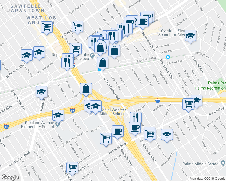 map of restaurants, bars, coffee shops, grocery stores, and more near 2600 South Sepulveda Boulevard in Los Angeles