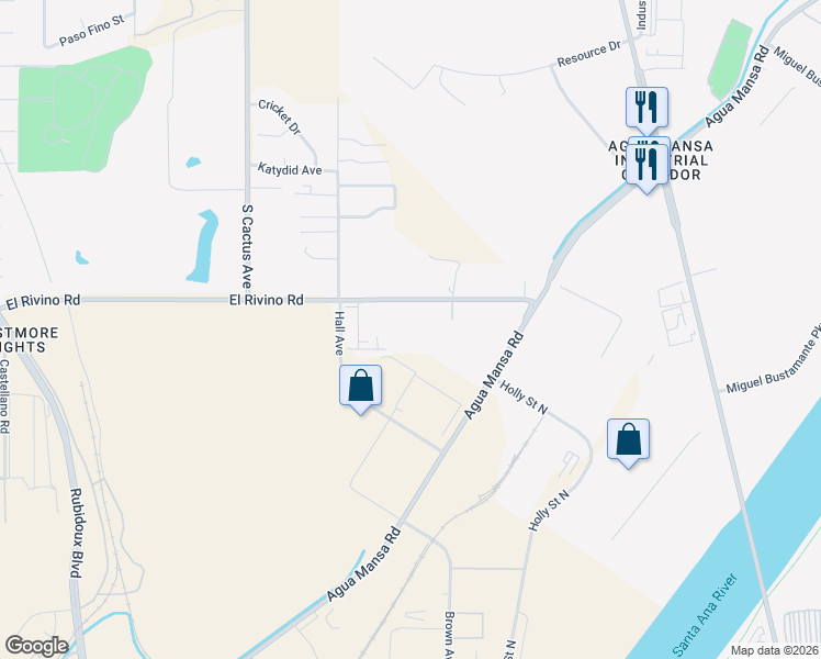map of restaurants, bars, coffee shops, grocery stores, and more near 5248 El Rivino Road in Riverside