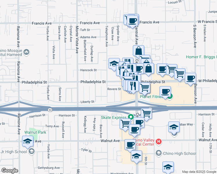 map of restaurants, bars, coffee shops, grocery stores, and more near 5151 Philadelphia Street in Chino