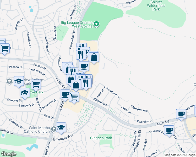 map of restaurants, bars, coffee shops, grocery stores, and more near 2403 Nikki Court in West Covina