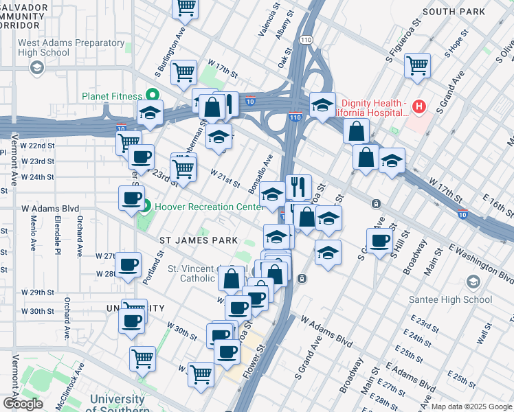 map of restaurants, bars, coffee shops, grocery stores, and more near 514 West 21st Street in Los Angeles