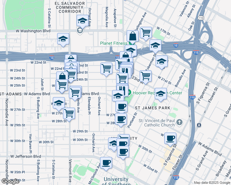 map of restaurants, bars, coffee shops, grocery stores, and more near 1150 West 25th Street in Los Angeles