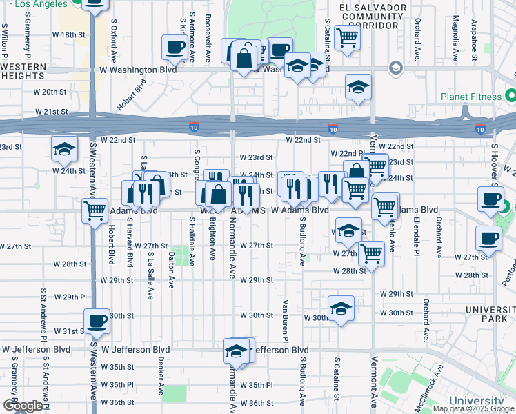 map of restaurants, bars, coffee shops, grocery stores, and more near 1644 West 25th Street in Los Angeles