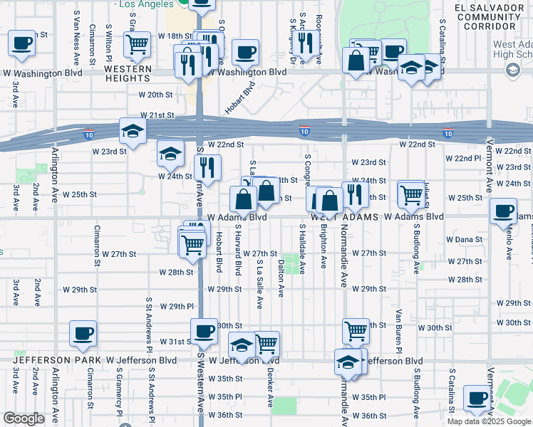 map of restaurants, bars, coffee shops, grocery stores, and more near 1858 West 25th Street in Los Angeles