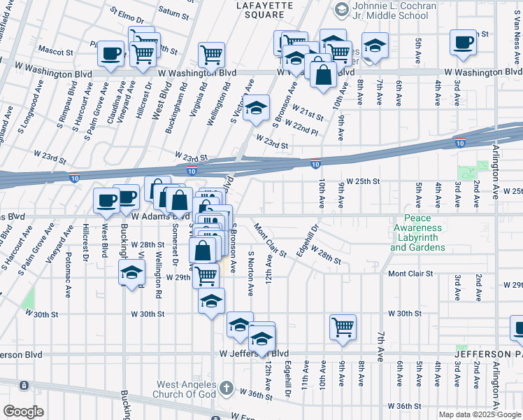 map of restaurants, bars, coffee shops, grocery stores, and more near 2537 13th Avenue in Los Angeles