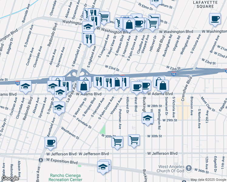 map of restaurants, bars, coffee shops, grocery stores, and more near 2512 South Harcourt Avenue in Los Angeles